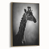 Framed wall art featuring a side view of a giraffe's head, elegantly designed with a gold accent, perfect for adding a touch of wildlife sophistication to any space.