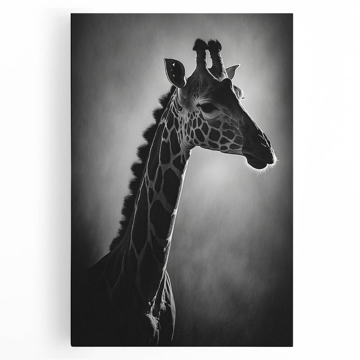 Stretched canvas wall art featuring a vibrant front view of a giraffe amidst a lush green savanna, ideal for animal lovers and home decor enthusiasts.