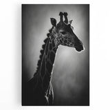 Stretched canvas wall art featuring a vibrant front view of a giraffe amidst a lush green savanna, ideal for animal lovers and home decor enthusiasts.
