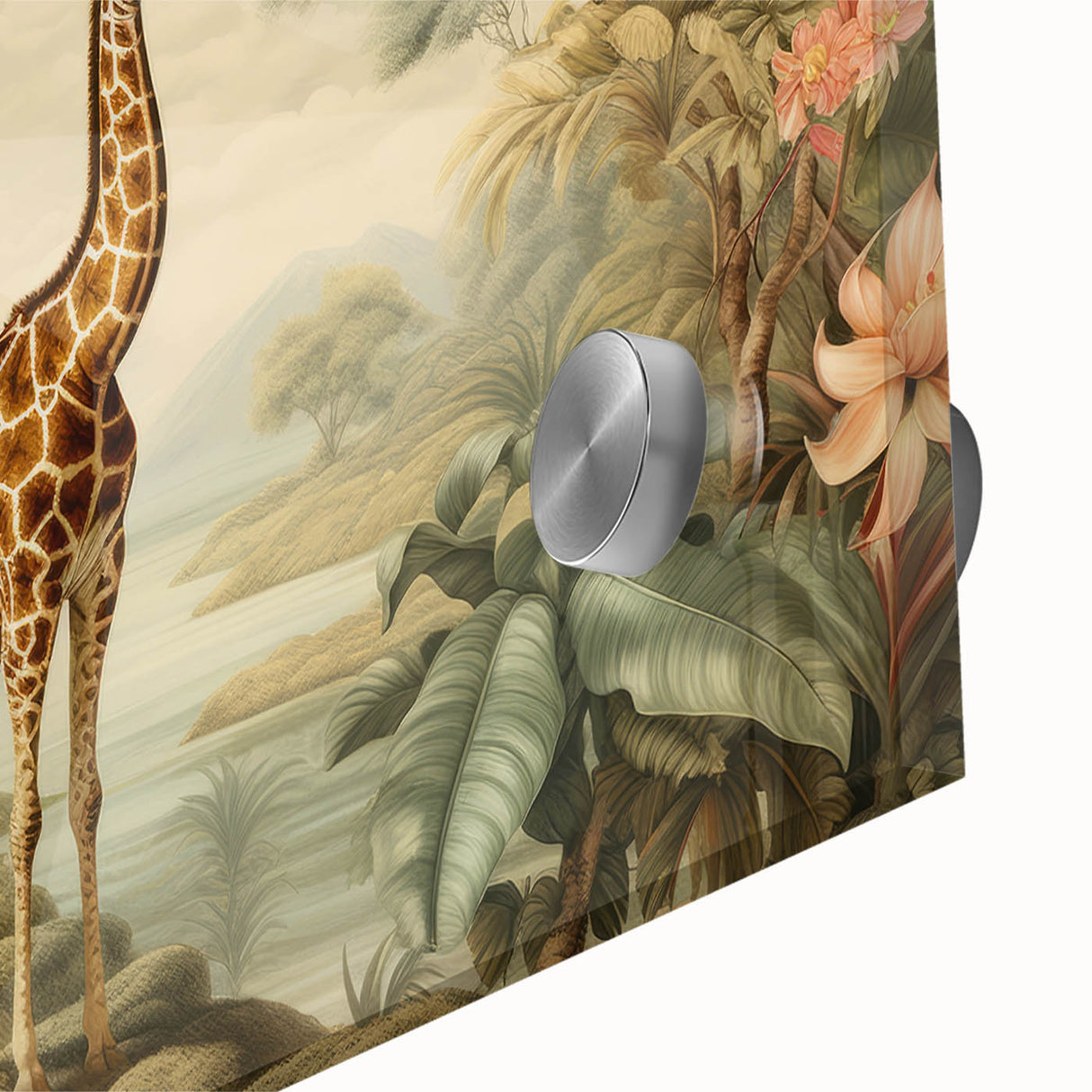 Close-up of a vibrant giraffe design wall art piece featuring intricate details and bold colors, perfect for animal lovers and home decor enthusiasts. This acrylic glass artwork showcases the beauty of wildlife, enhancing any living space with its stunning visual appeal.