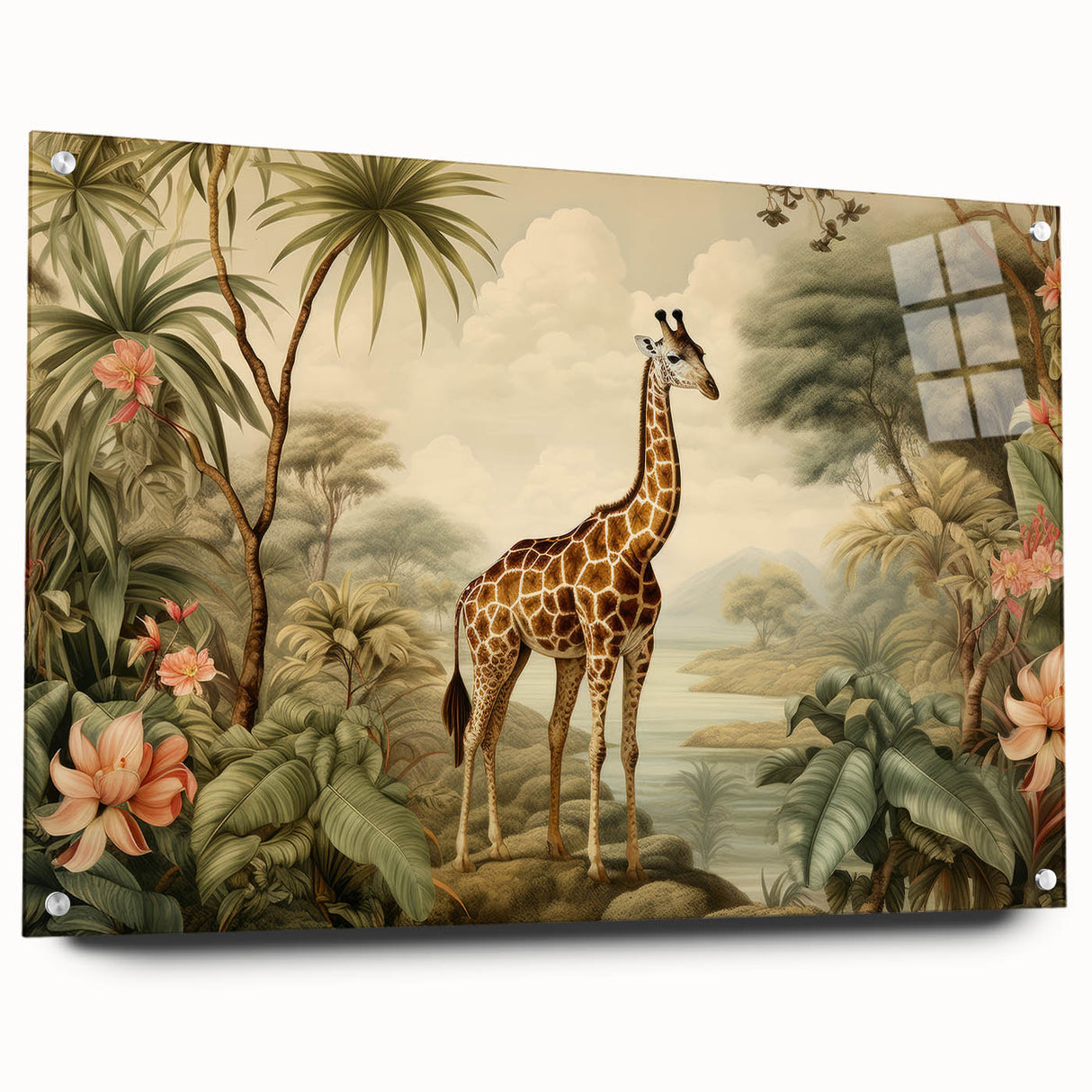 Acrylic glass wall art featuring a vibrant giraffe design from the Animals A Wild Life collection, showcasing intricate details and colors, mounted with pins for easy display.