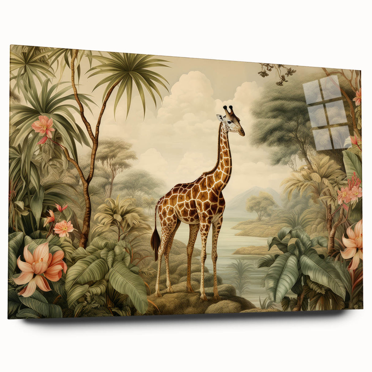 Elegant acrylic wall art featuring a side view of a giraffe against a vibrant, abstract background, perfect for animal lovers and home decor enthusiasts.