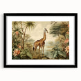 Framed wall art featuring a striking giraffe design in a black frame with a mat, showcasing vibrant colors and intricate details, perfect for animal lovers.