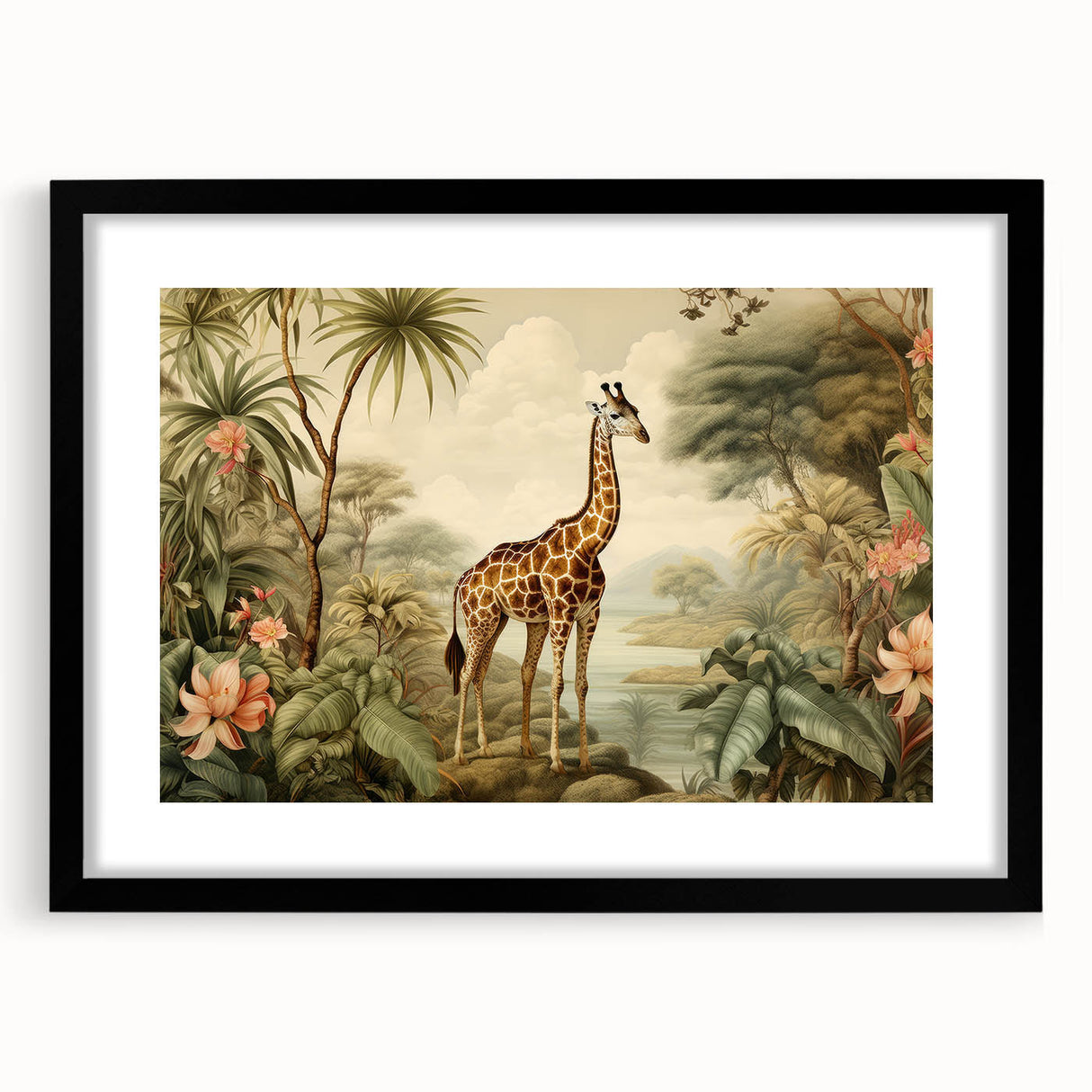 Framed wall art featuring a striking giraffe design in a black frame with a mat, showcasing vibrant colors and intricate details, perfect for animal lovers.