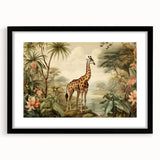 Framed wall art featuring a striking giraffe design in a black frame with a mat, showcasing vibrant colors and intricate details, perfect for animal lovers.