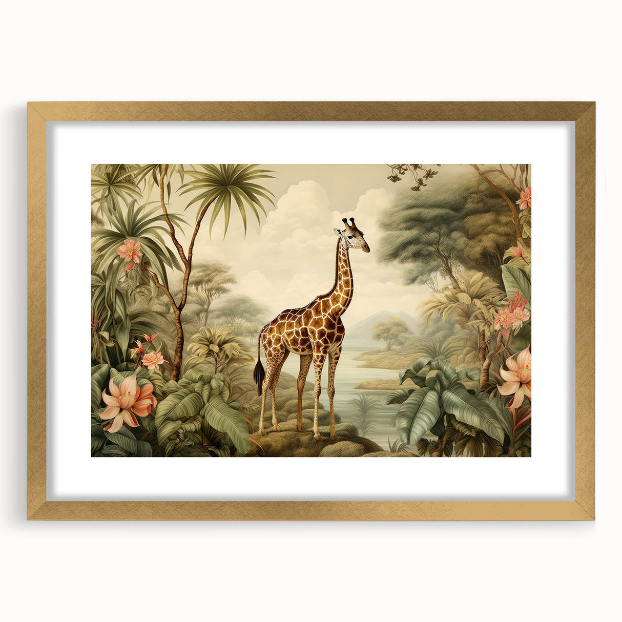 Giraffe-themed wall art collection featuring a gold-framed print with a mat, showcasing a vibrant wildlife design perfect for home decor. Ideal for nature lovers.
