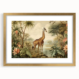 Giraffe-themed wall art collection featuring a gold-framed print with a mat, showcasing a vibrant wildlife design perfect for home decor. Ideal for nature lovers.
