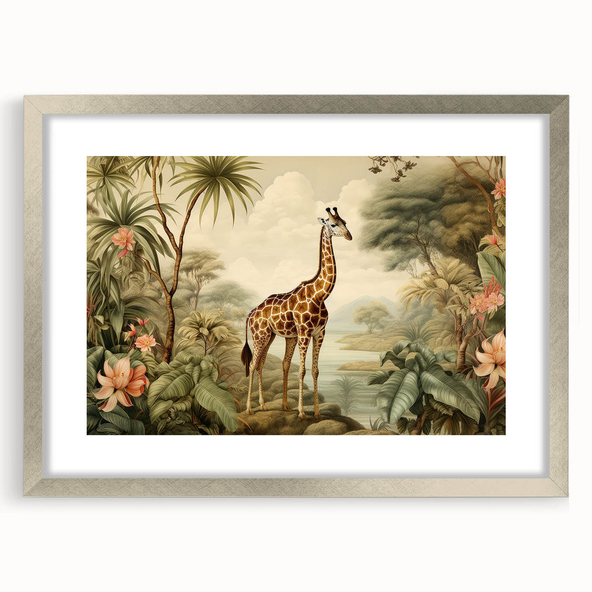 Giraffe-themed wall art framed with a silver mat, showcasing a vibrant design that captures the elegance of wildlife. Ideal for nature enthusiasts and home decor.