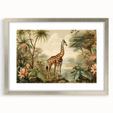 Giraffe-themed wall art framed with a silver mat, showcasing a vibrant design that captures the elegance of wildlife. Ideal for nature enthusiasts and home decor.