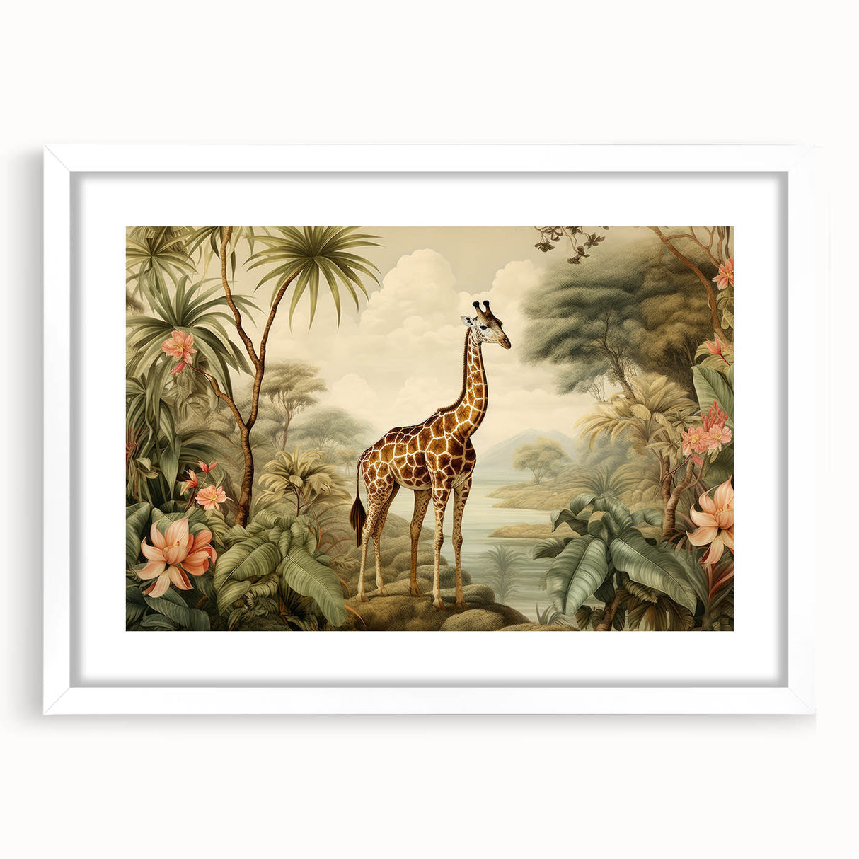 Giraffe-themed wall art collection framed in white with a mat, showcasing vibrant colors and intricate details, perfect for animal lovers and home decor enthusiasts.