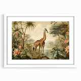 Giraffe-themed wall art collection framed in white with a mat, showcasing vibrant colors and intricate details, perfect for animal lovers and home decor enthusiasts.