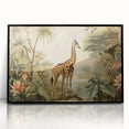 Framed wall art featuring a striking giraffe design in a black frame, showcasing vibrant colors and intricate details, perfect for wildlife enthusiasts and modern decor.