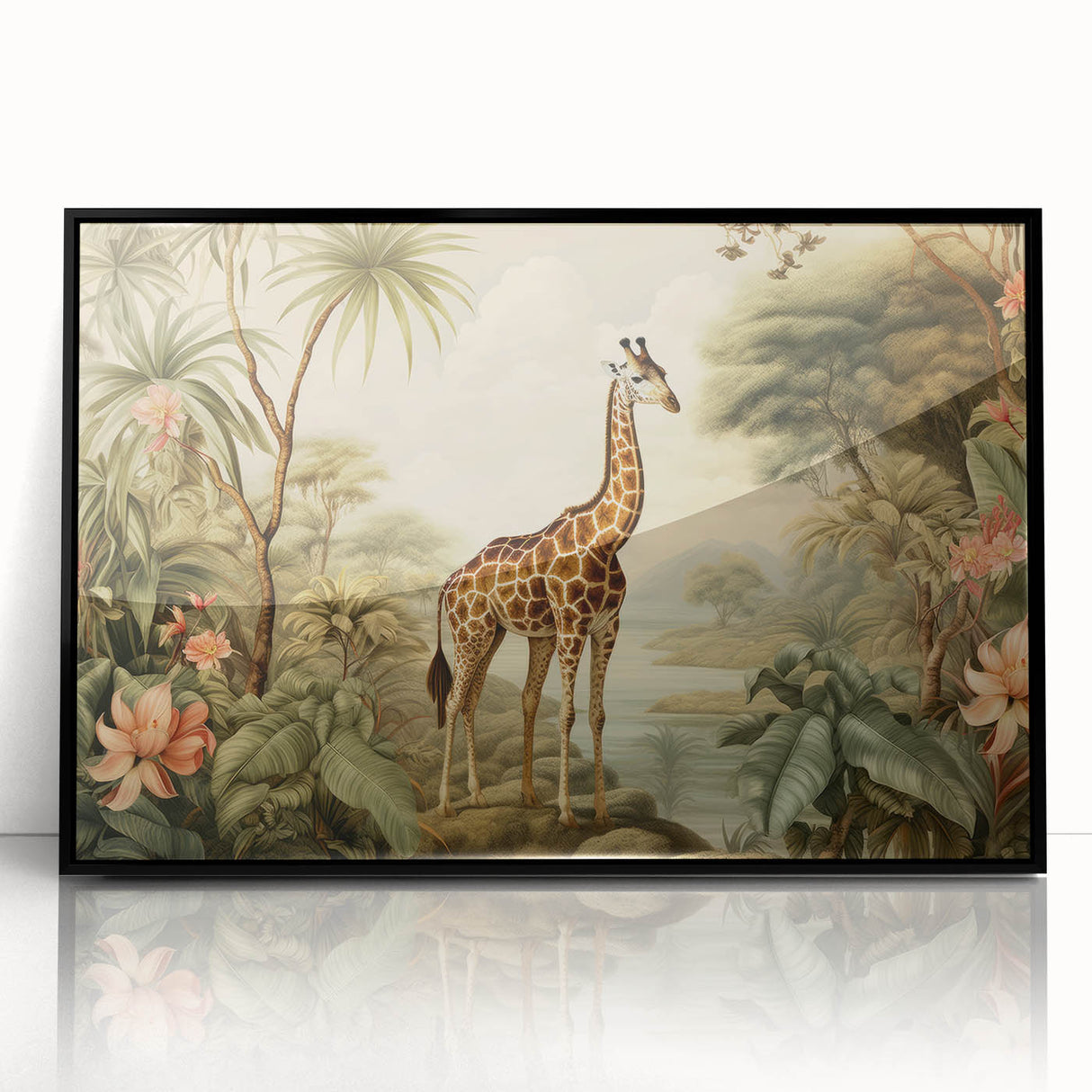 Framed wall art featuring a striking giraffe design in a black frame, showcasing vibrant colors and intricate details, perfect for wildlife enthusiasts and modern decor.