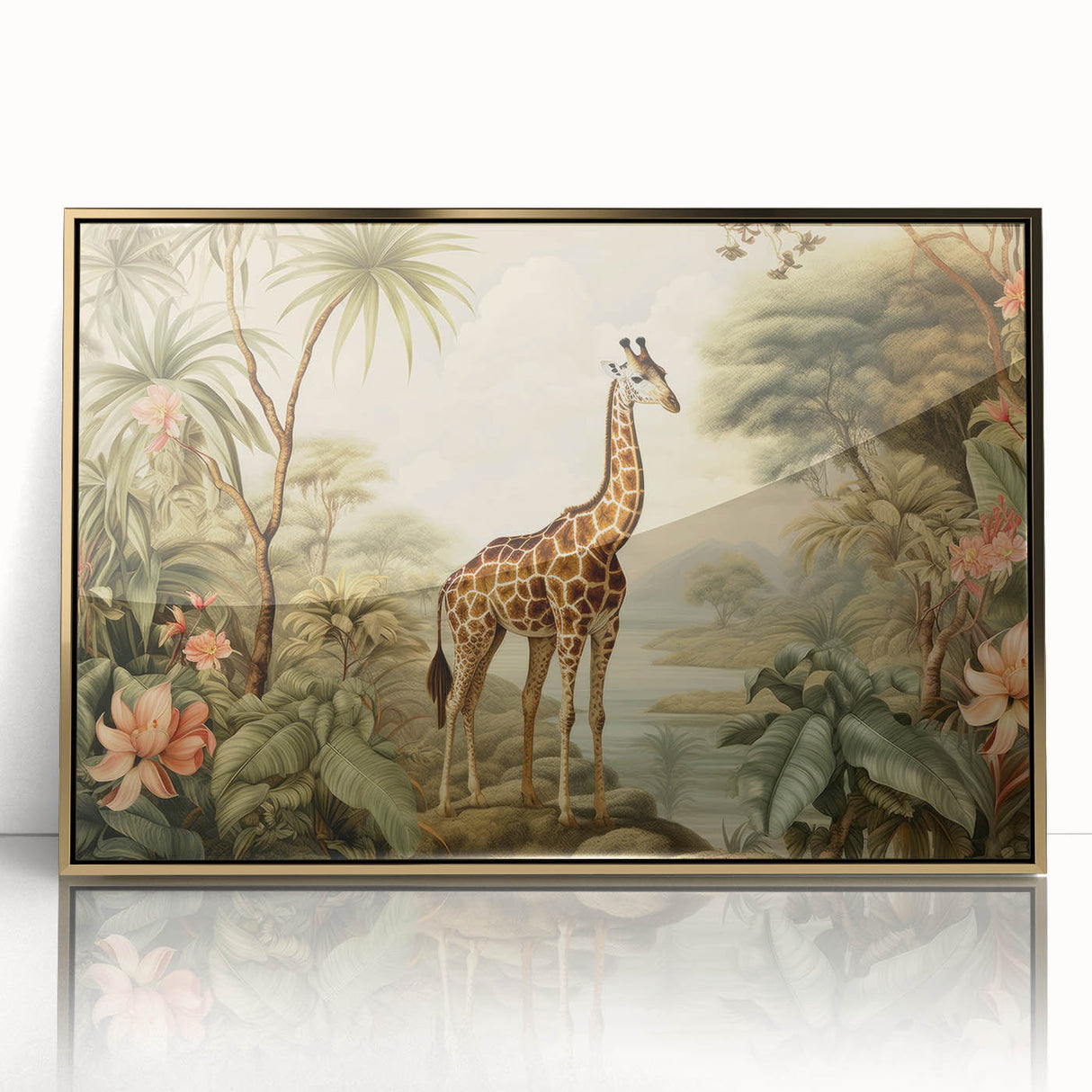 Framed acrylic wall art featuring a majestic giraffe design in a gold frame, showcasing intricate details and vibrant colors, perfect for wildlife enthusiasts.