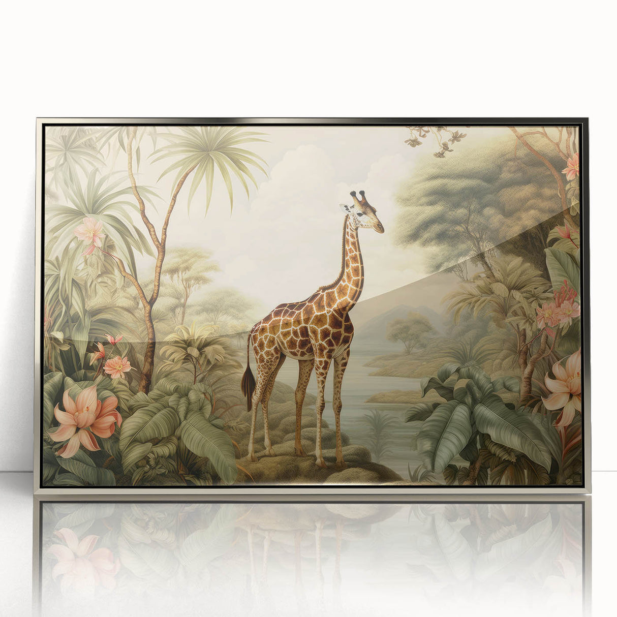 Framed wall art showcasing a striking giraffe design in vibrant colors, set against a sleek silver frame, ideal for enhancing modern home decor.
