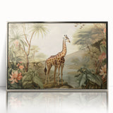 Framed wall art showcasing a striking giraffe design in vibrant colors, set against a sleek silver frame, ideal for enhancing modern home decor.