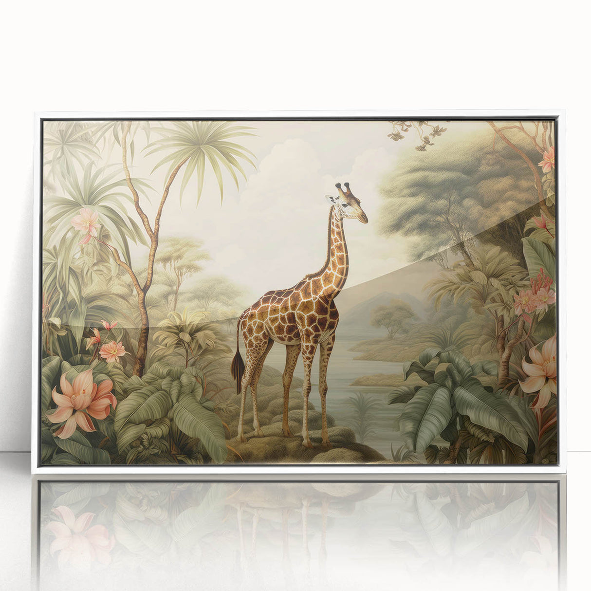 Framed wall art featuring a stunning giraffe design, showcasing vibrant colors and intricate details. The acrylic frame enhances the artwork's modern appeal, perfect for animal lovers and nature enthusiasts.