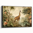 Framed wall art featuring a side view of a graceful giraffe against a minimalist black background, perfect for adding a touch of wildlife elegance to any decor. This canvas piece showcases detailed textures and vibrant colors, ideal for animal lovers and modern home aesthetics.