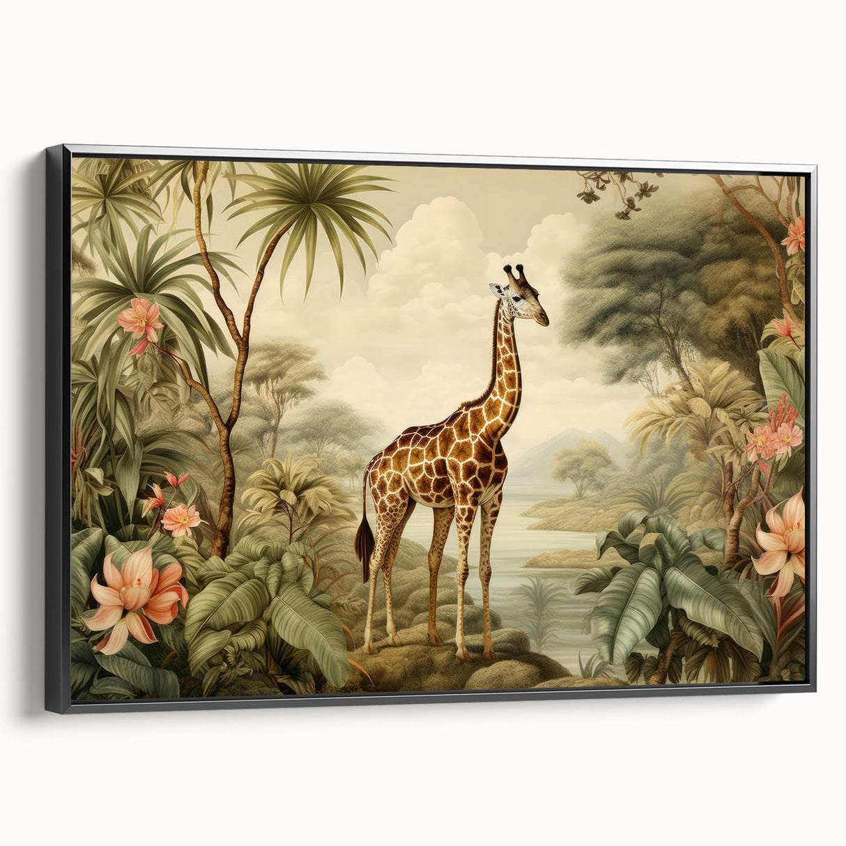 Framed wall art featuring a side view of a graceful giraffe against a minimalist black background, perfect for adding a touch of wildlife elegance to any decor. This canvas piece showcases detailed textures and vibrant colors, ideal for animal lovers and modern home aesthetics.