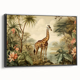 Framed wall art featuring a side view of a graceful giraffe against a minimalist black background, perfect for adding a touch of wildlife elegance to any decor. This canvas piece showcases detailed textures and vibrant colors, ideal for animal lovers and modern home aesthetics.