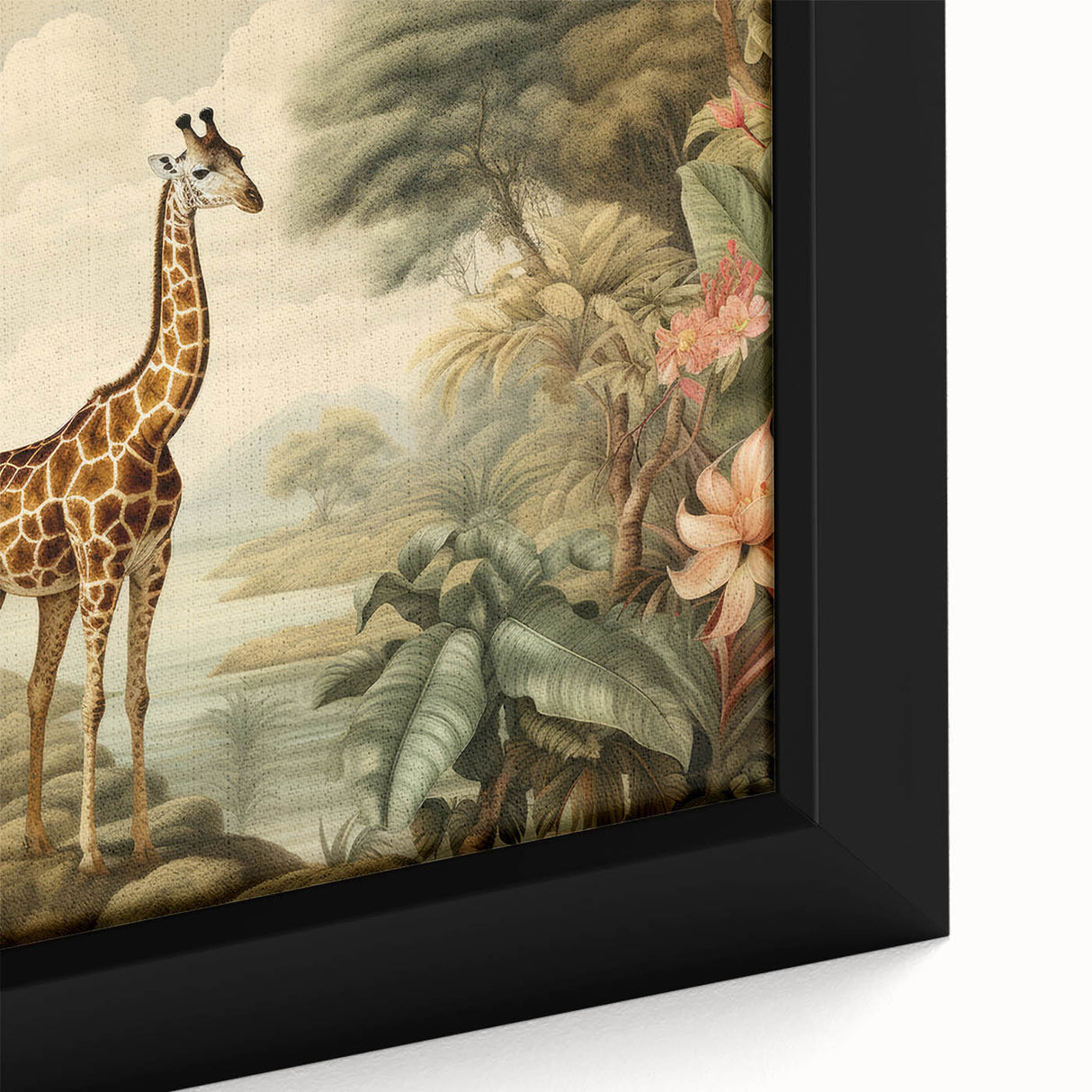Close-up of a framed canvas artwork displaying a vibrant giraffe design, showcasing intricate details and textures, perfect for wildlife-themed home decor.
