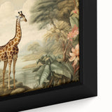 Close-up of a framed canvas artwork displaying a vibrant giraffe design, showcasing intricate details and textures, perfect for wildlife-themed home decor.