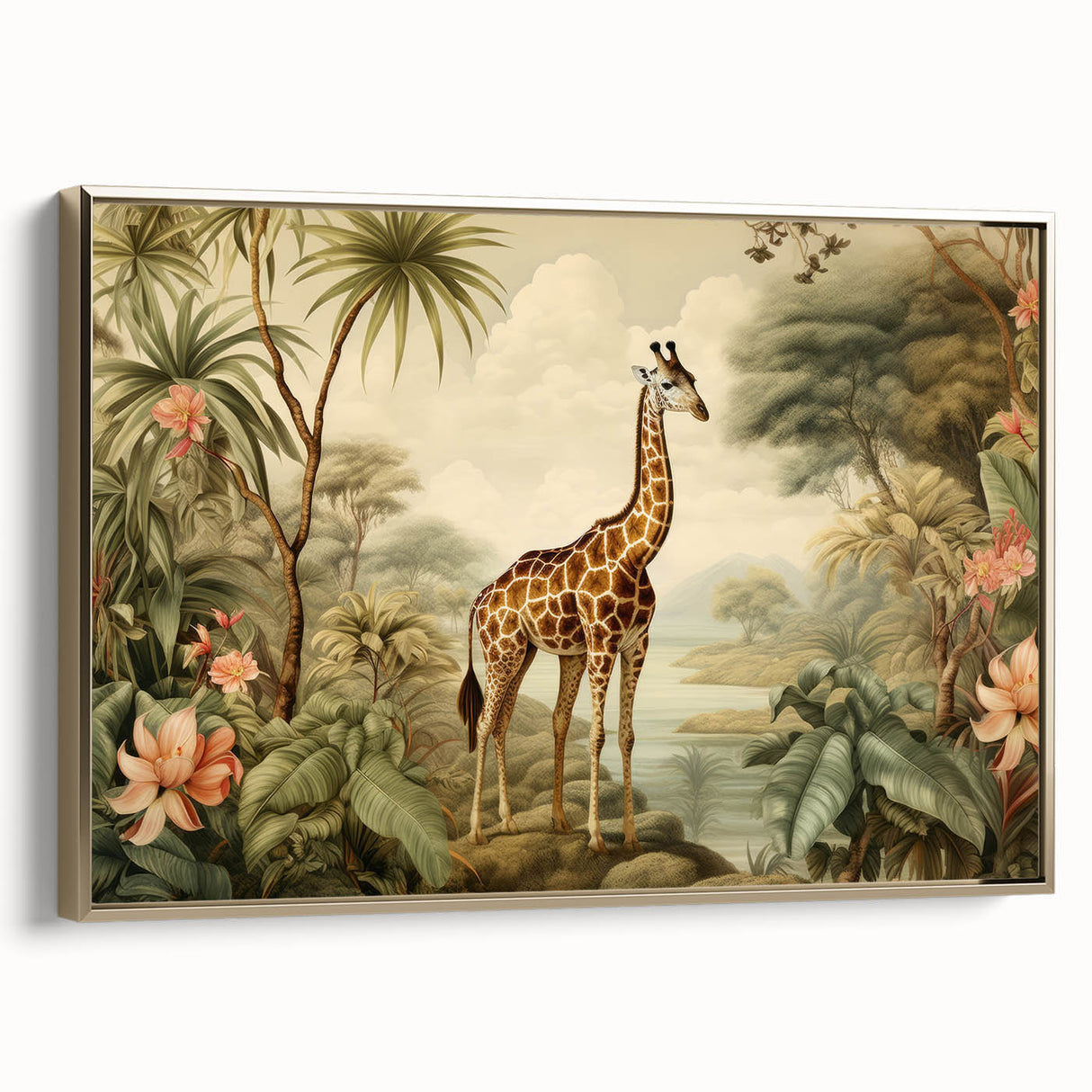 Framed wall art featuring a majestic giraffe in a gold-accented design, showcasing vibrant colors and intricate details, perfect for animal lovers and home decor enthusiasts.