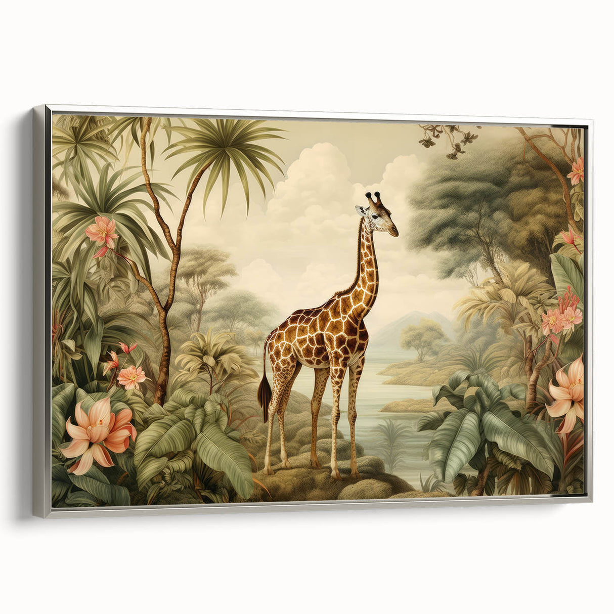 Framed wall art canvas featuring a side view of a serene giraffe design in a silver frame, ideal for nature-themed home decor and wildlife enthusiasts. The artwork captures the elegant posture and unique patterns of the giraffe, enhancing any living space with its vibrant colors and intricate details. Perfect for animal lovers and those seeking a touch of the wild in their decor.