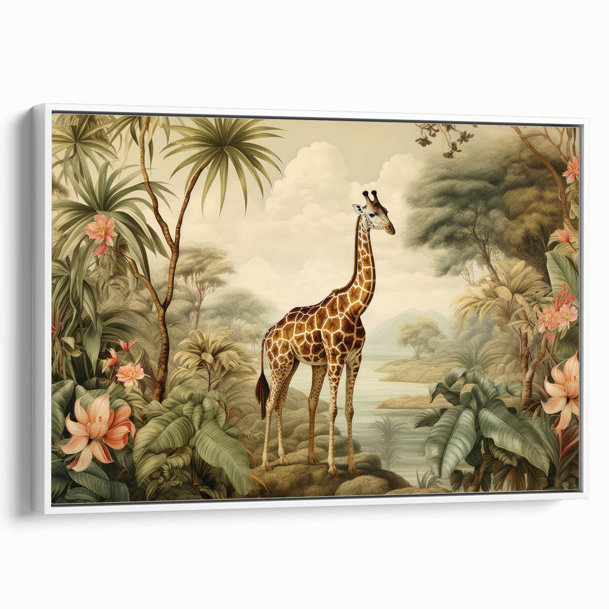 Framed canvas wall art showcasing a side view of a majestic giraffe in a minimalist design, featuring soft earth tones and a sleek white frame, perfect for wildlife enthusiasts.