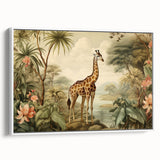 Framed canvas wall art showcasing a side view of a majestic giraffe in a minimalist design, featuring soft earth tones and a sleek white frame, perfect for wildlife enthusiasts.