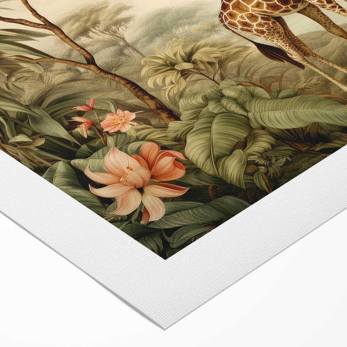 Rolled canvas wall art showcasing a vibrant giraffe design set against a lush green background, perfect for adding a touch of wildlife elegance to home decor.