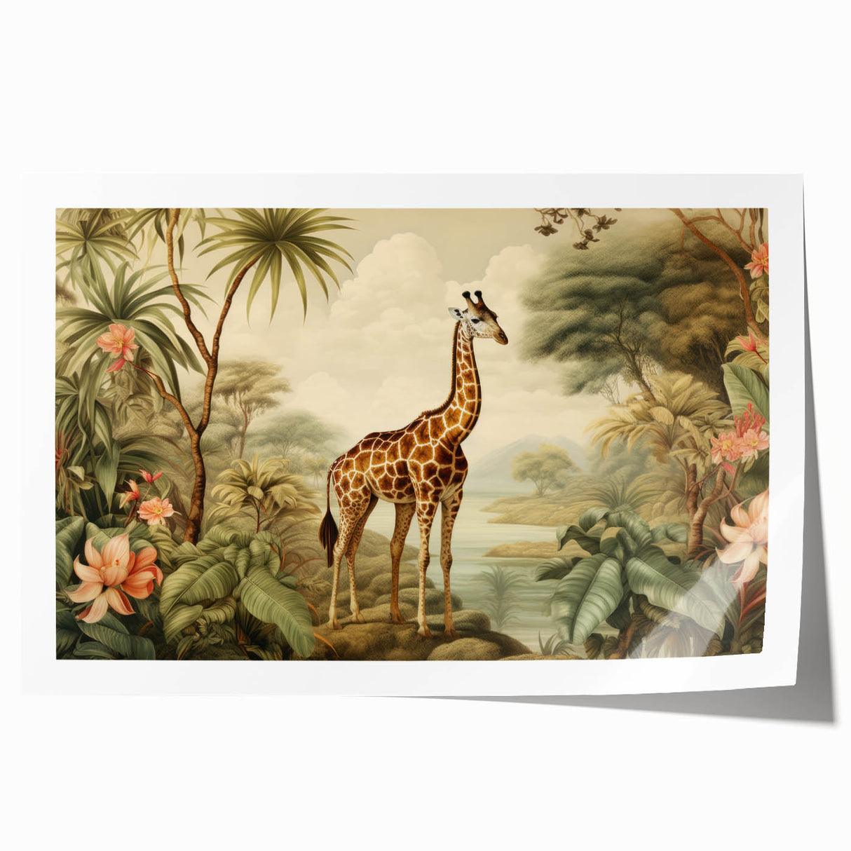 Giraffe-themed wall art print showcasing a beautifully illustrated giraffe against a vibrant, abstract background, perfect for animal lovers and home decor enthusiasts.