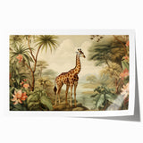 Giraffe-themed wall art print showcasing a beautifully illustrated giraffe against a vibrant, abstract background, perfect for animal lovers and home decor enthusiasts.