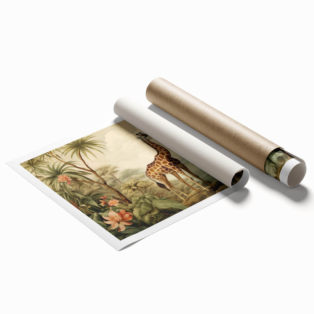 Giraffe wall art print showcasing a vibrant, colorful design inspired by African wildlife, rolled and ready for framing, perfect for nature enthusiasts' decor.