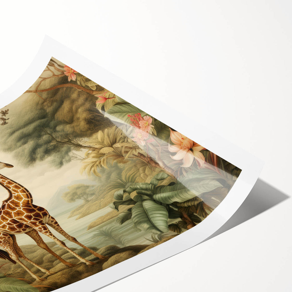 Vibrant wall art print of a giraffe in a natural setting, showcasing intricate details and rich colors, perfect for wildlife enthusiasts and home decor.
