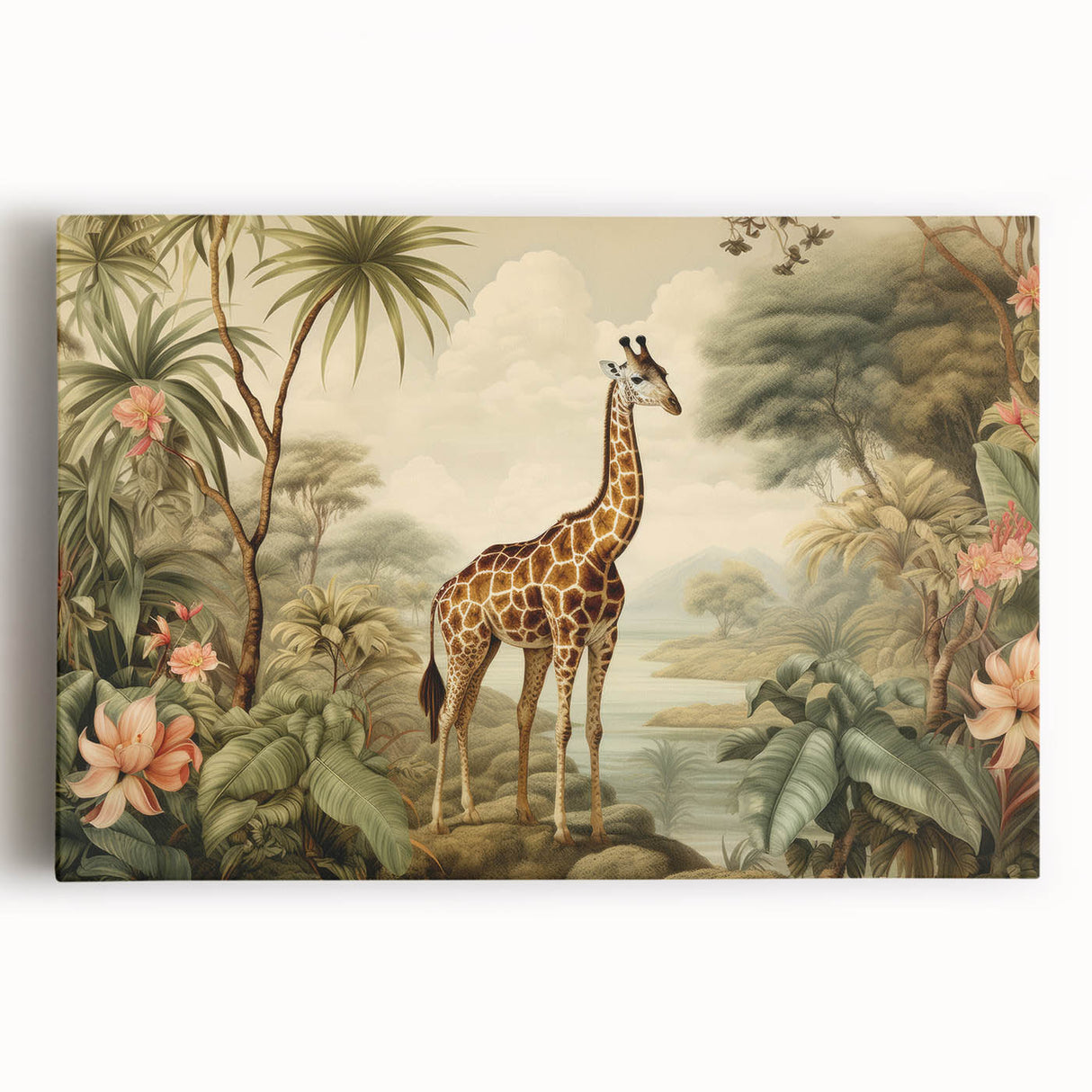 Giraffe wall art design on stretched canvas showcasing a vibrant, detailed illustration of a giraffe in a natural setting, perfect for animal lovers' decor.