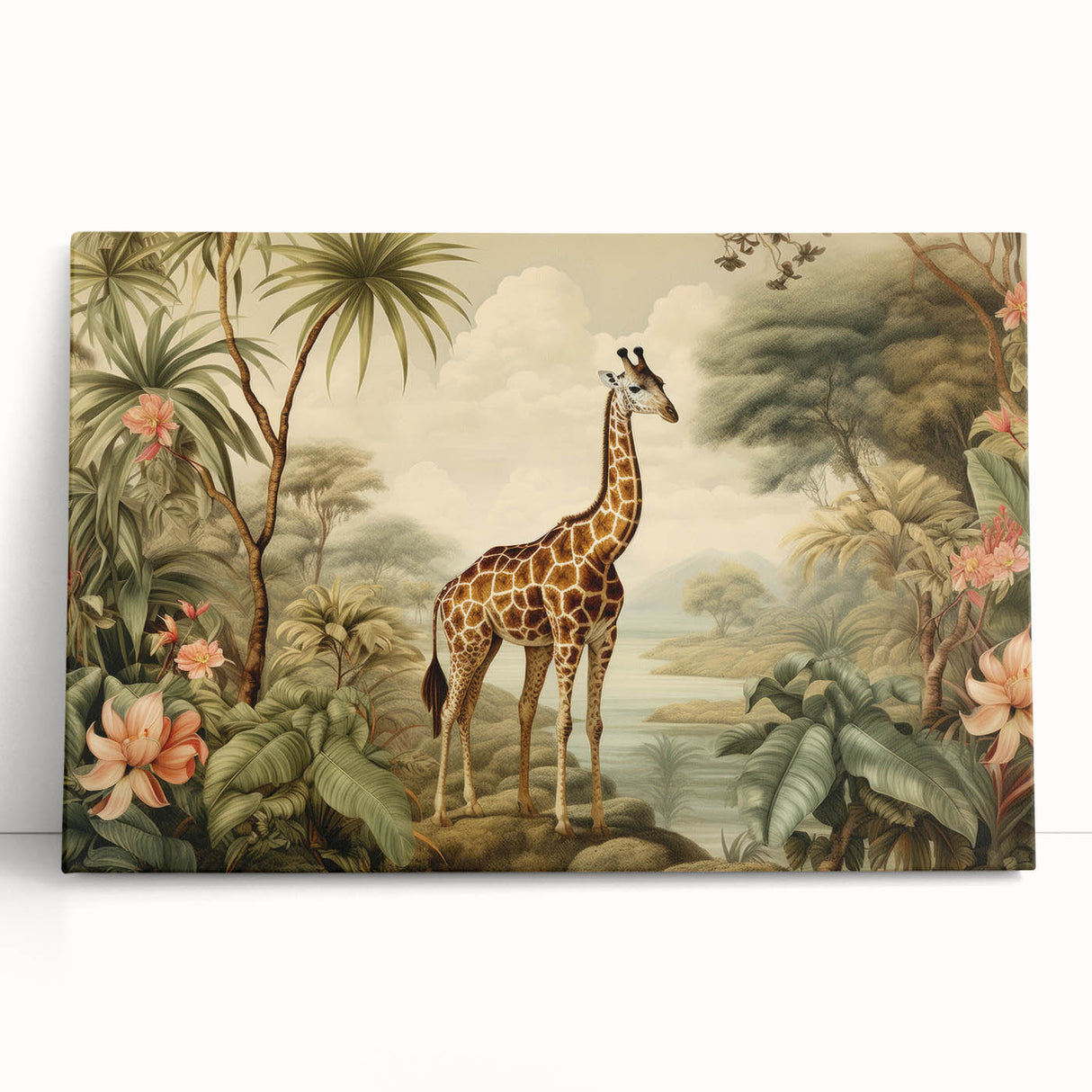 Stretched canvas wall art featuring a vibrant giraffe design, showcasing bold colors and intricate details, perfect for wildlife-themed decor in modern interiors.