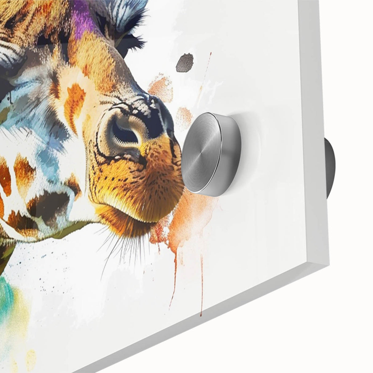 Close-up of a vibrant acrylic wall art piece featuring a giraffe design, showcasing intricate details and colors, perfect for wildlife-themed decor.