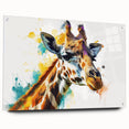 Side view of a giraffe-inspired wall art piece, designed with vibrant colors and intricate details, displayed on an acrylic glass surface. Ideal for wildlife enthusiasts and modern decor.