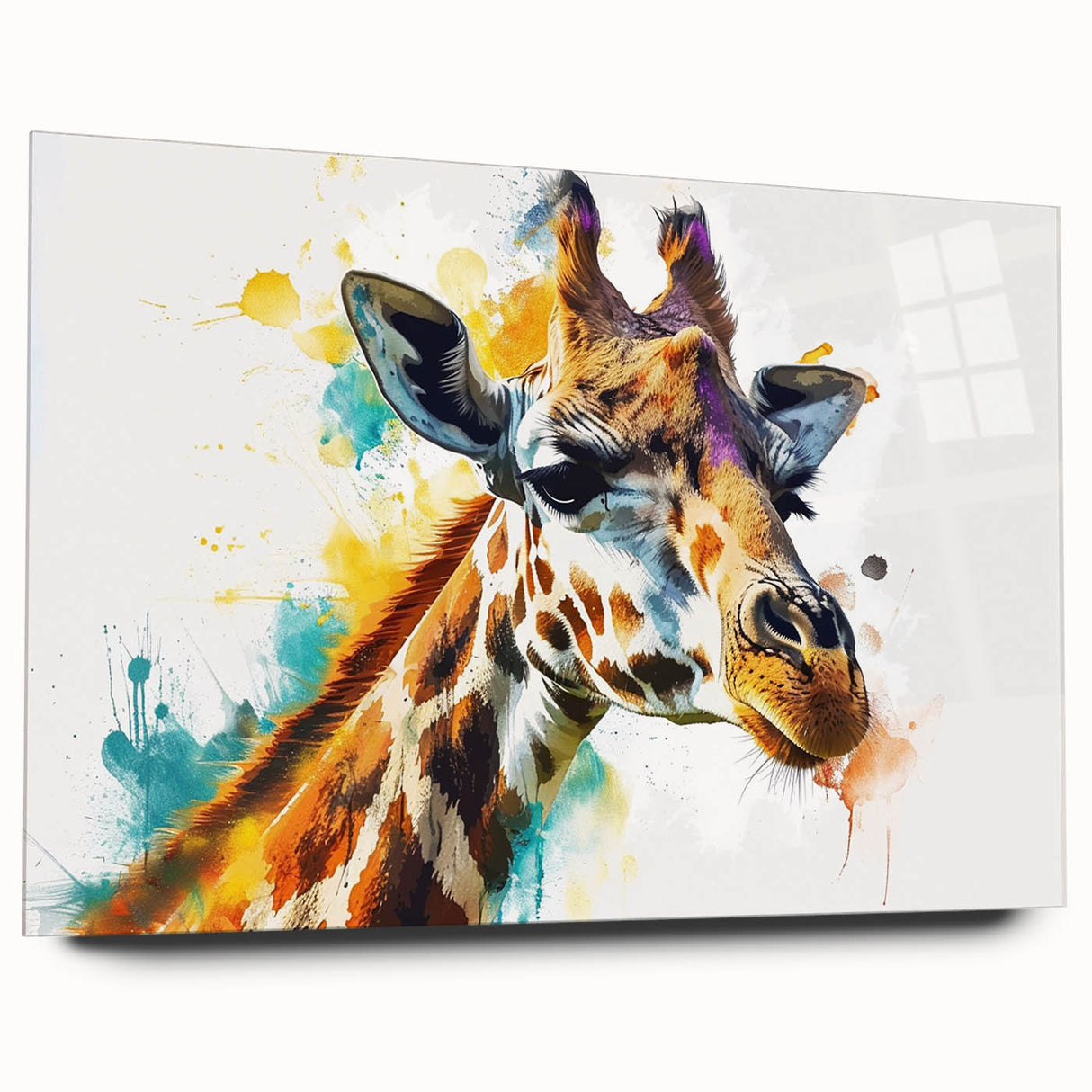 Acrylic wall art featuring a side view of a tall giraffe against a vibrant backdrop, showcasing intricate details and colors, perfect for animal lovers and home decor enthusiasts.