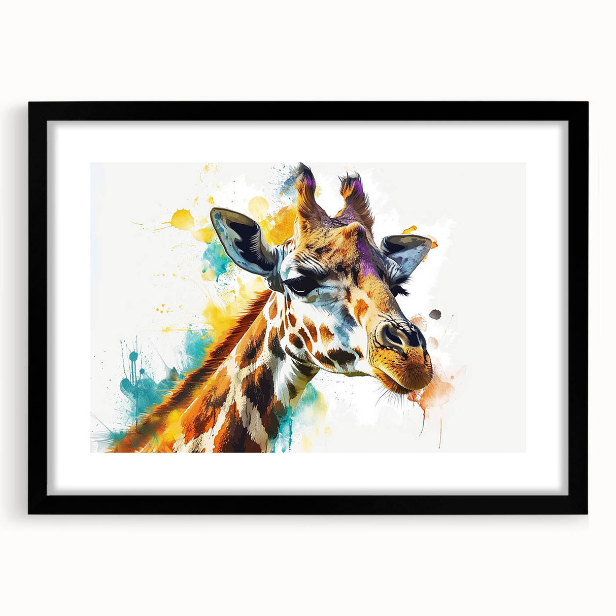 Giraffe wall art design framed in black with a mat, showcasing vibrant colors and intricate details, perfect for animal lovers and home decor enthusiasts.