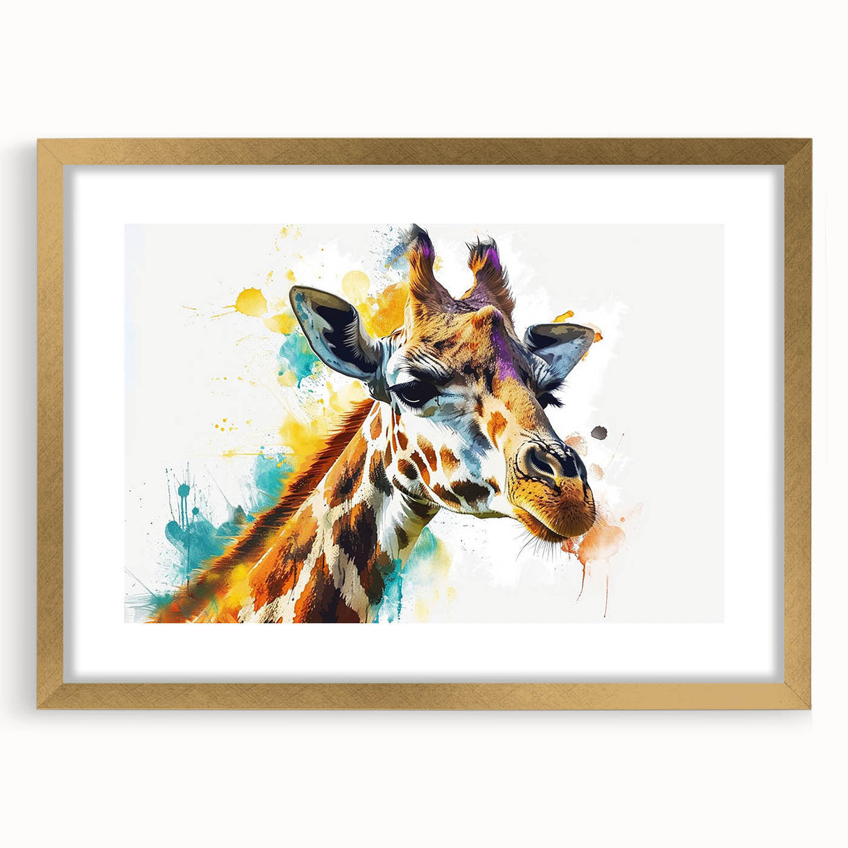 Giraffe wall art print showcasing a vibrant design with gold framing, perfect for adding a touch of wildlife elegance to any room decor. Ideal for animal lovers and home decor enthusiasts.