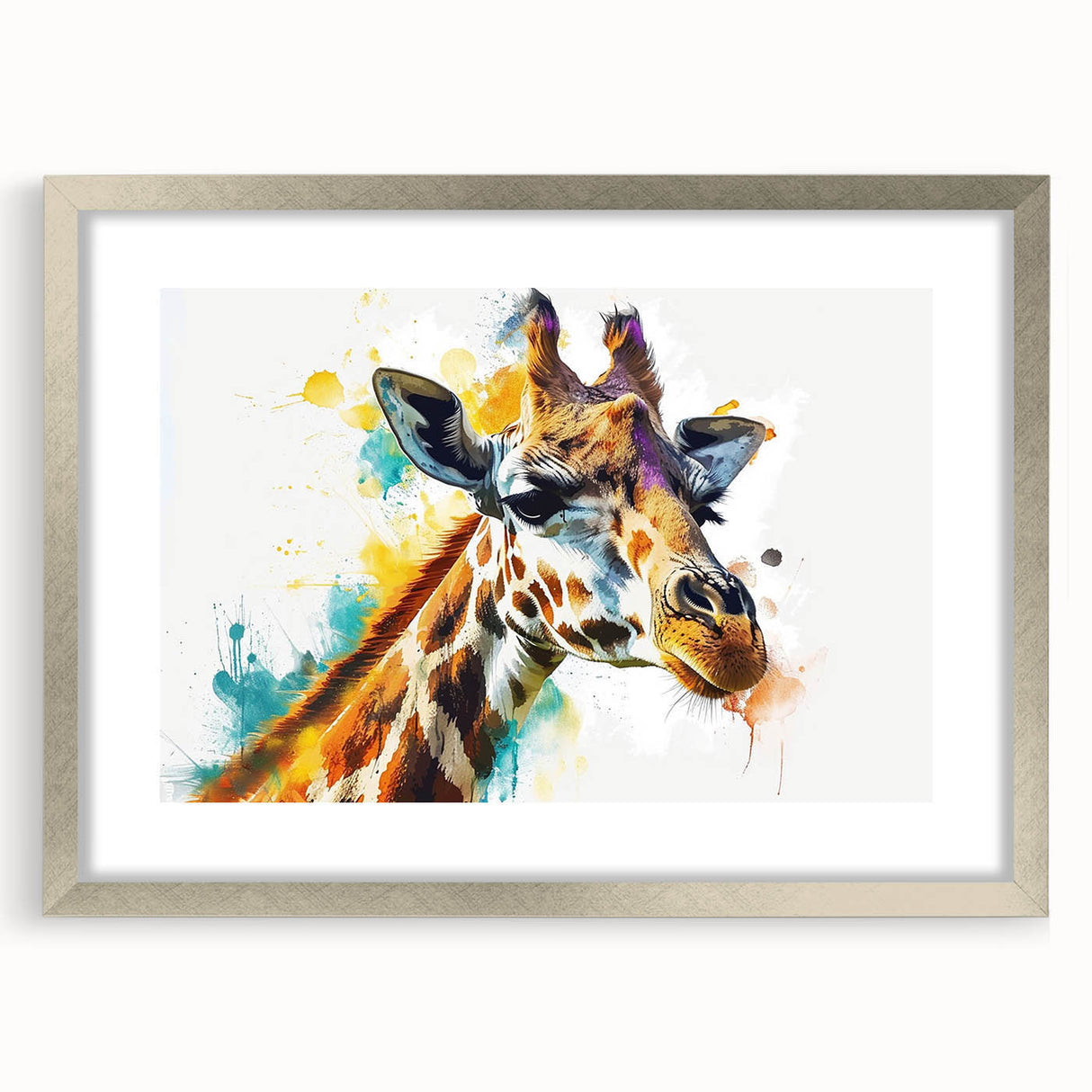 Framed wall art featuring a striking giraffe design in silver tones, presenting a modern aesthetic perfect for wildlife enthusiasts. Ideal for home decor.