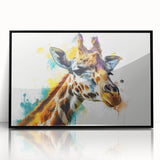 Framed wall art featuring a striking giraffe design, showcasing intricate details and vibrant colors, set against a sleek black frame, ideal for wildlife-themed decor.