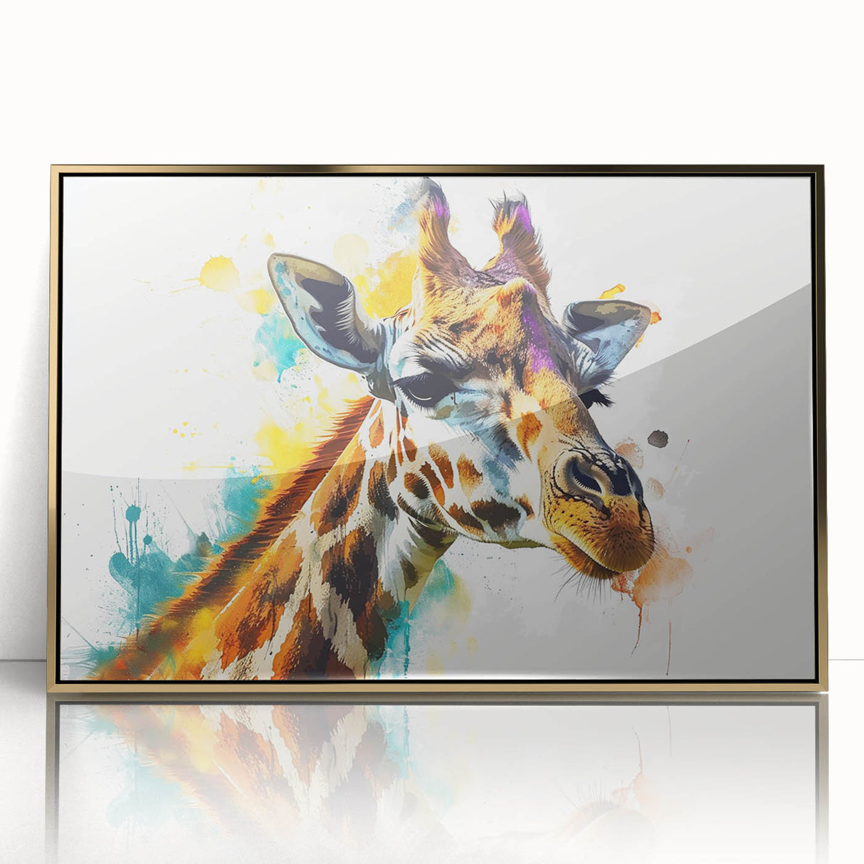 Framed wall art of a giraffe in a vibrant gold-acrylic finish, showcasing its distinctive long neck and spotted coat, perfect for wildlife decor enthusiasts.
