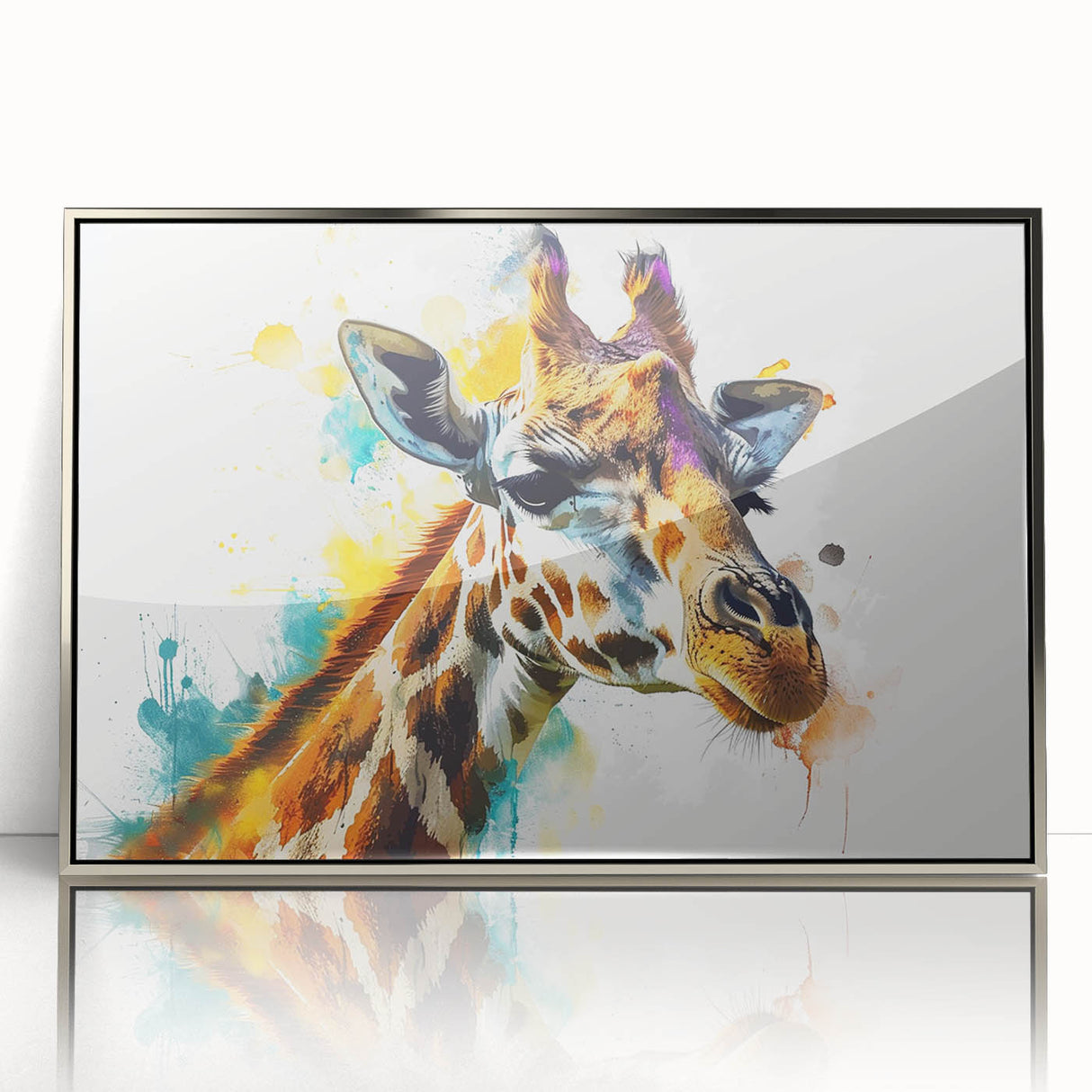 Framed wall art featuring a striking giraffe design, showcasing intricate details in a silver-accented frame. Ideal for animal lovers and modern decor enthusiasts.