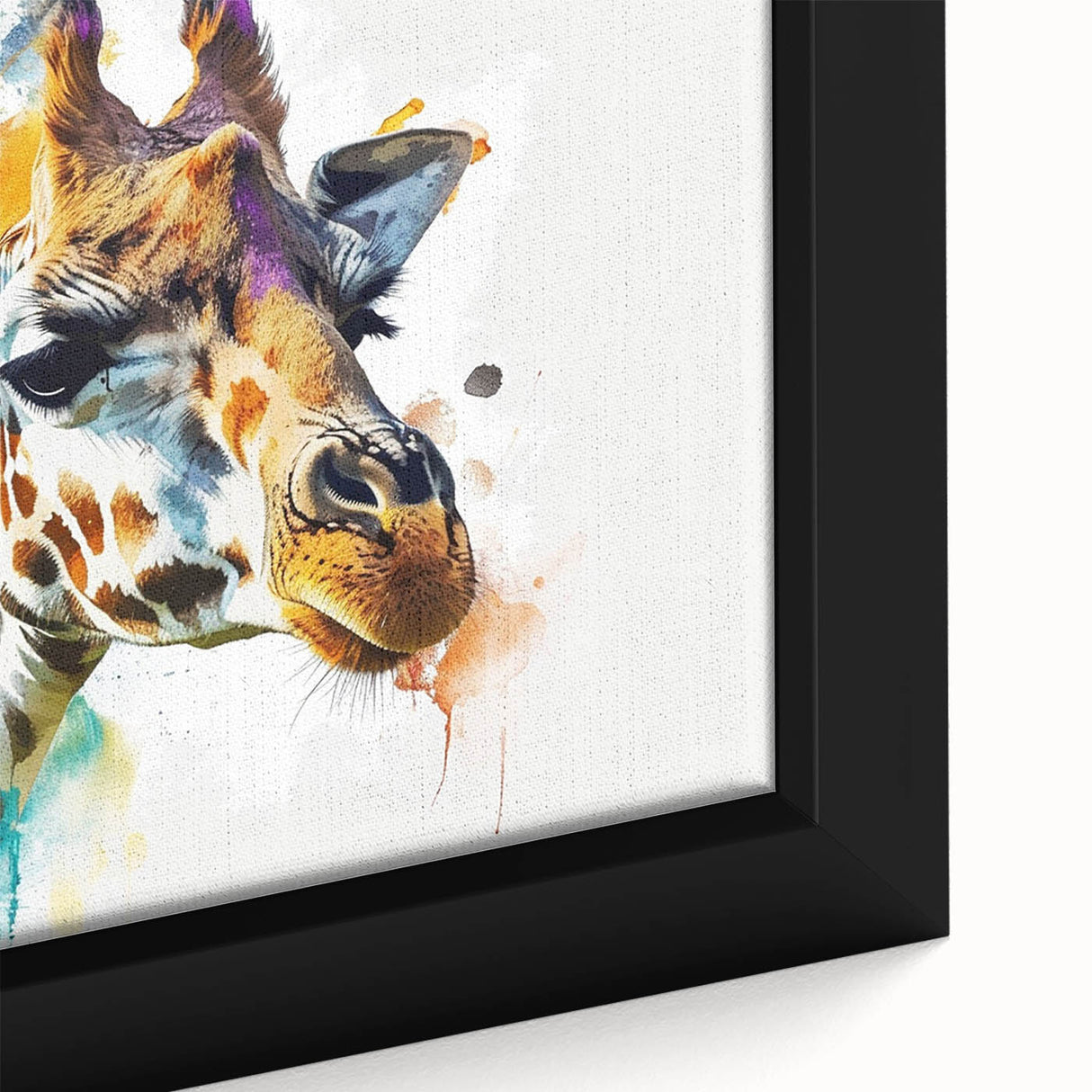 Close-up of a framed giraffe wall art piece showcasing vibrant colors and intricate details, perfect for wildlife enthusiasts and modern decor.