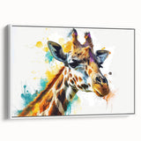 Framed canvas wall art featuring a side view of a giraffe in a minimalist white design, perfect for adding a touch of wildlife elegance to any room.
