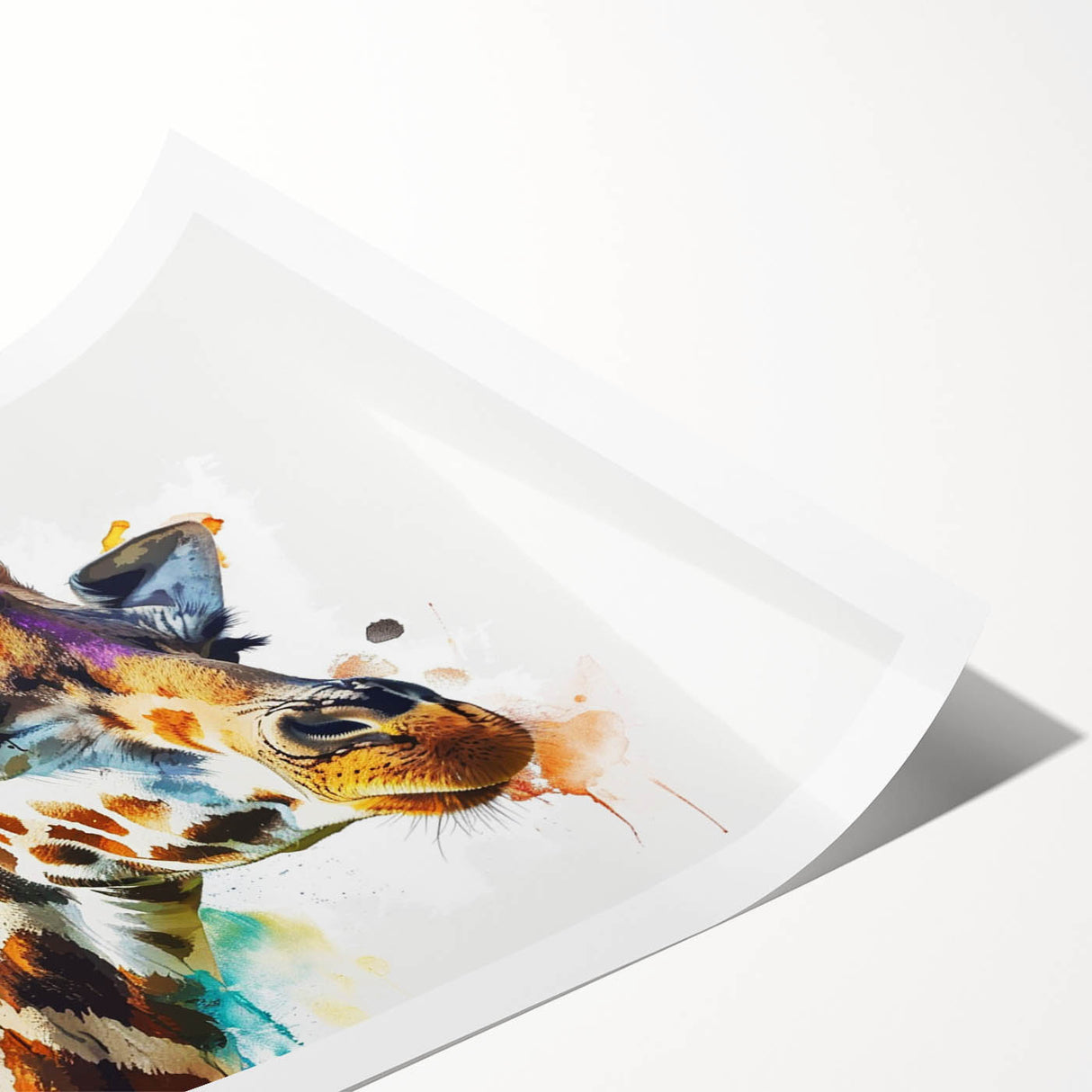 Giraffe-themed wall art print showcasing a vibrant, colorful design of a giraffe against a natural backdrop, perfect for animal lovers and home decor enthusiasts.