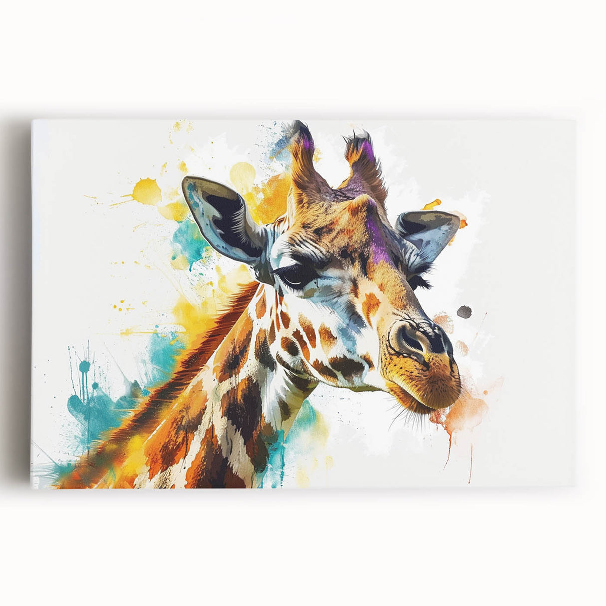 Vibrant stretched canvas wall art featuring a majestic giraffe in a wild African landscape, showcasing detailed textures and earthy tones, perfect for nature lovers.